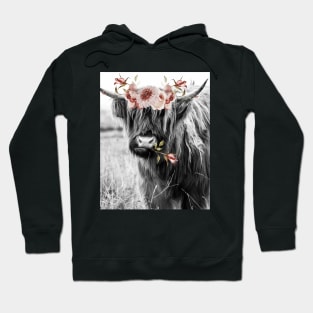 Highland Cow Portait with Watercolor Flowers Hoodie